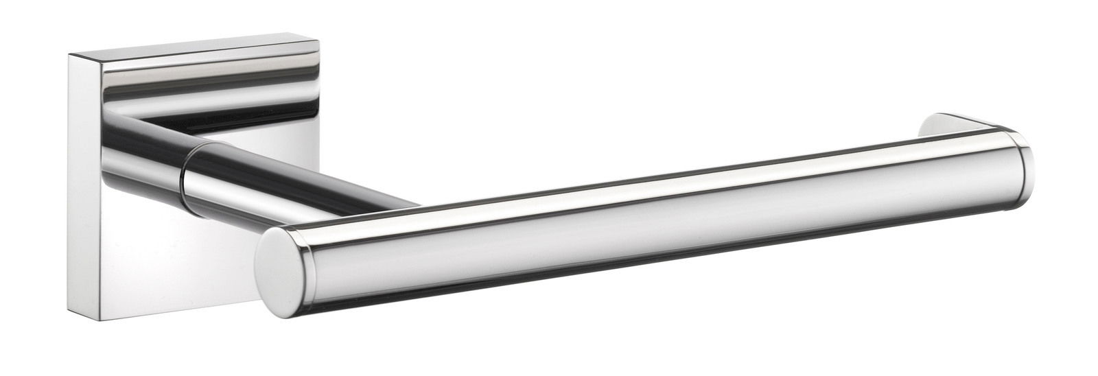 Moderner Toilettenpapierhalter aus glänzendem Metall, seitliche Perspektive