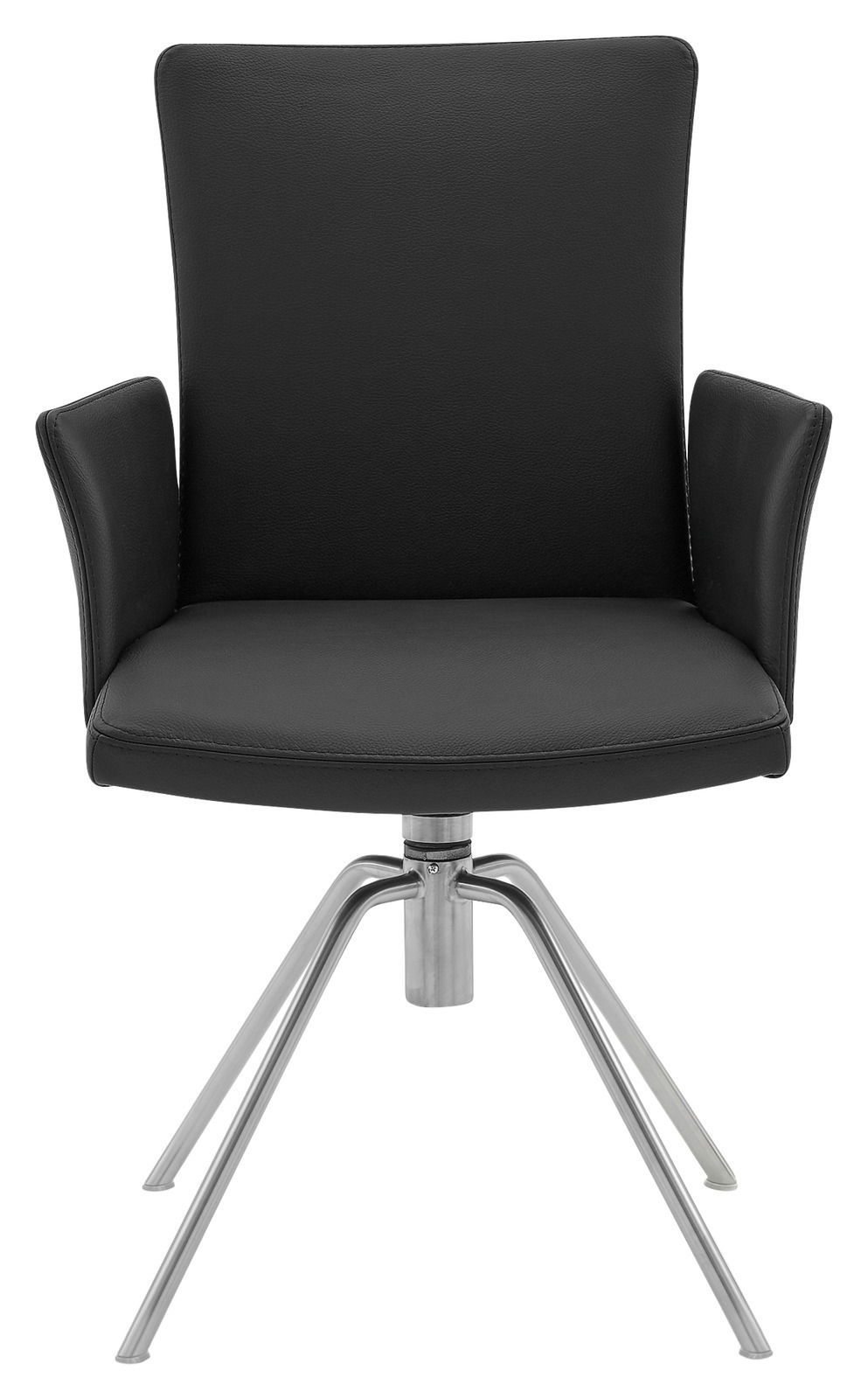 Moderner schwarzer Sessel mit Metallbeinen, Frontalansicht