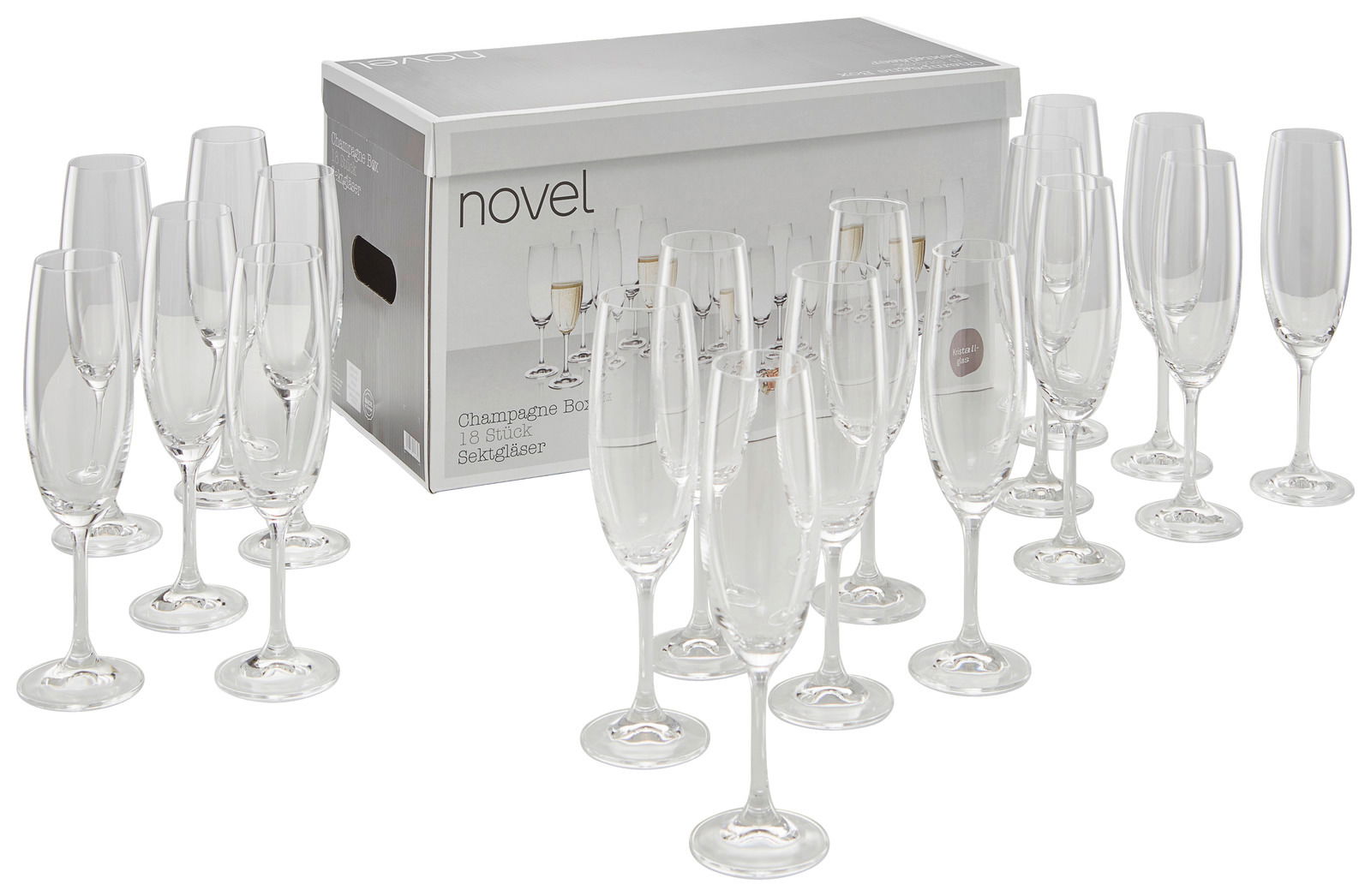 Sektglas-Set mit 18 Gläsern und Verpackung, seitliche Perspektive