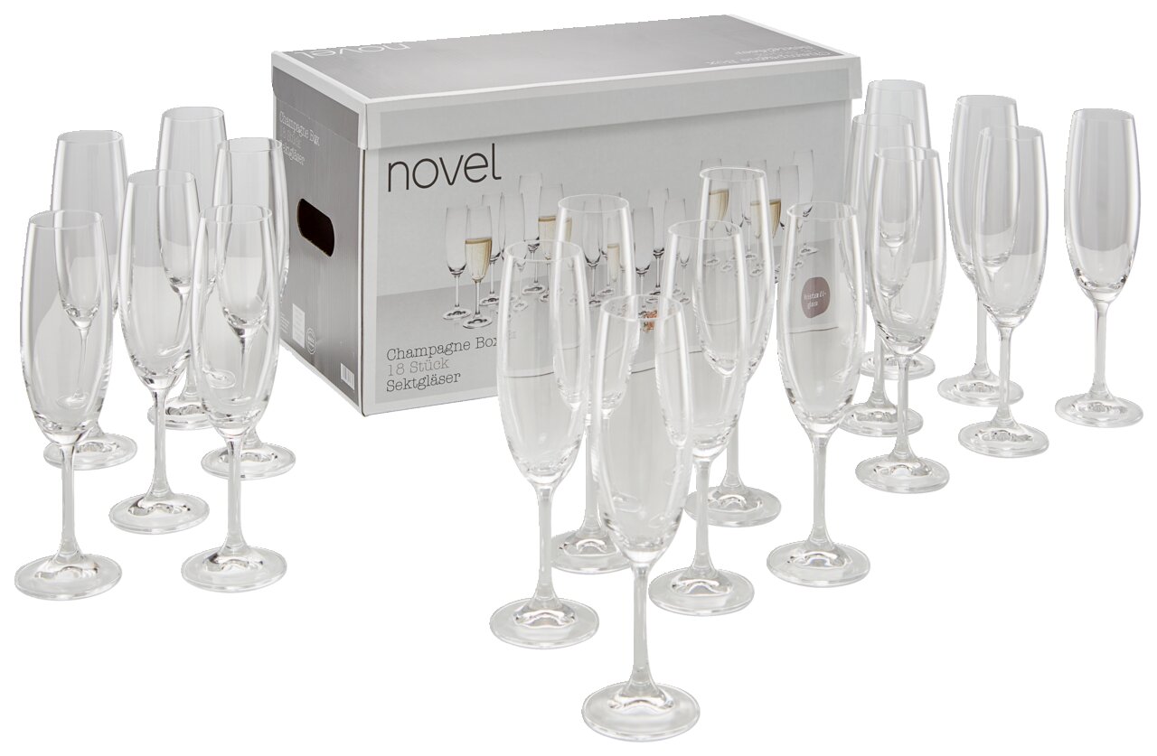 Set van 18 champagneglazen met verpakking, zijaanzicht