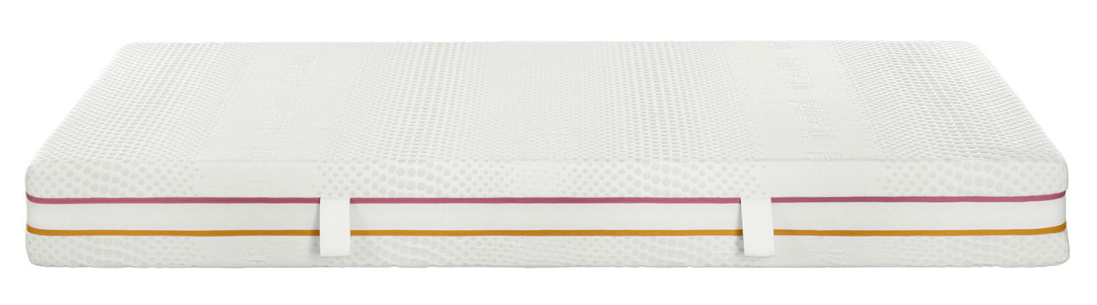 Seitenansicht einer weißen Matratze 180x200 mit farbigen Streifen in Pink und Gelb, geeignet für SOFT/MEDIUM Liegekomfort.