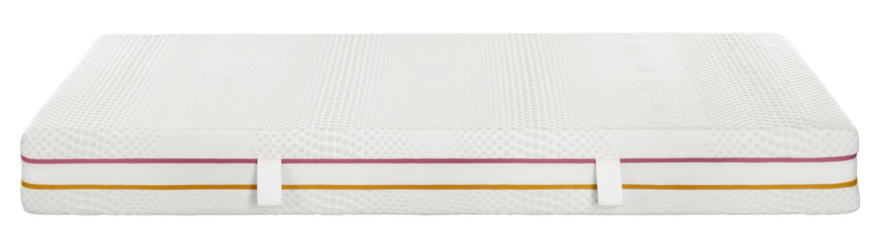 Seitenansicht einer weißen Matratze 180x200 mit farbigen Streifen in Pink und Gelb, geeignet für SOFT/MEDIUM Liegekomfort.