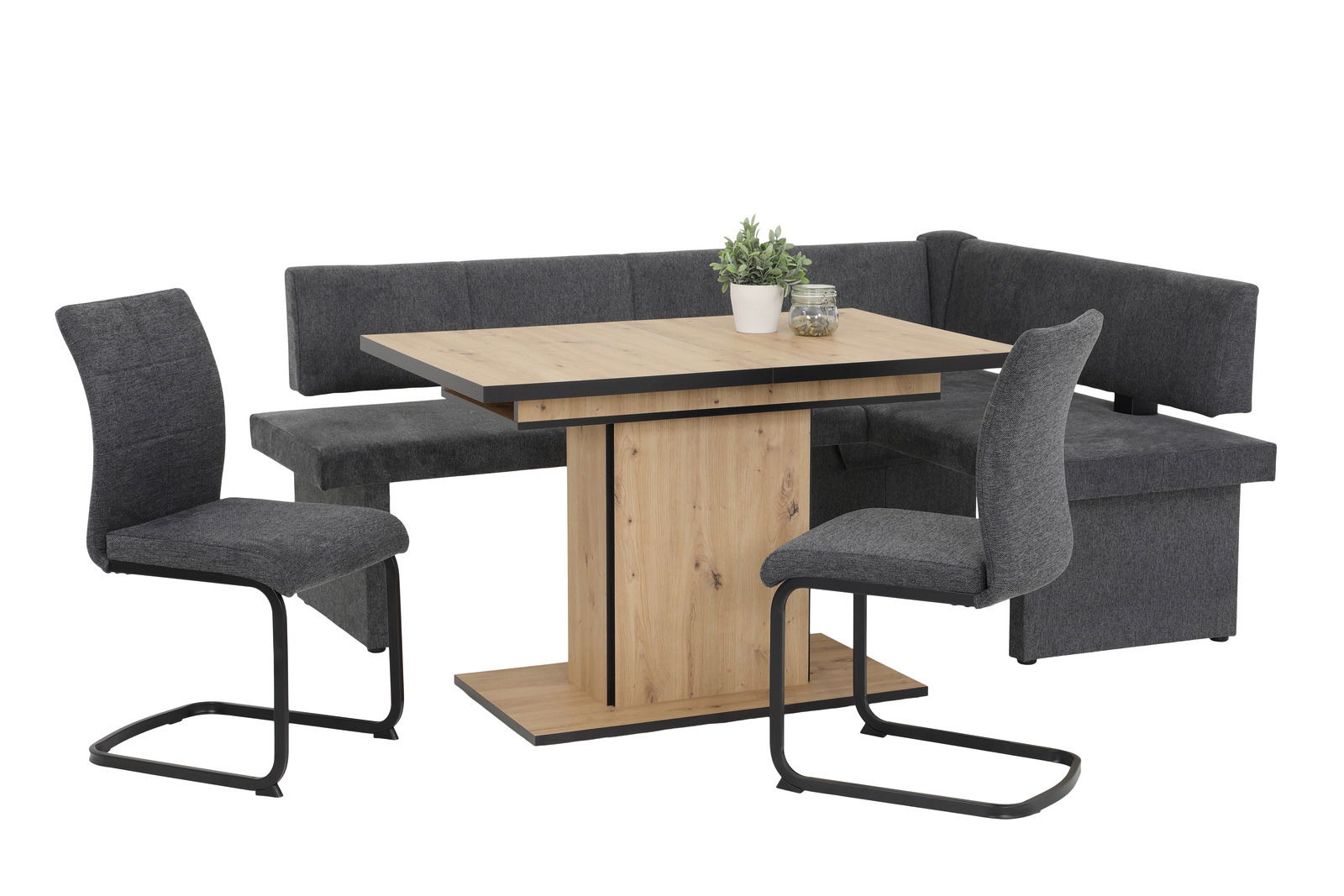 Z2 Funktions-Esstisch Ariana Moderne Essgruppe mit Holztisch, grauen Schwingstühlen und Eckbank, seitliche Perspektive