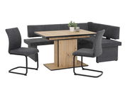 Moderne Essgruppe mit Holztisch, grauen Schwingstühlen und Eckbank, seitliche Perspektive