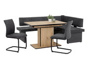 Moderne Essgruppe mit Holztisch, grauen Schwingstühlen und Eckbank, seitliche Perspektive
