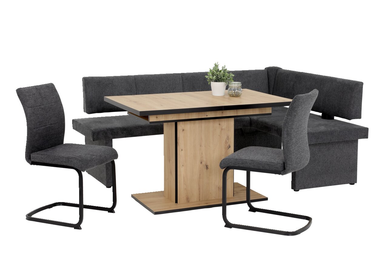 Moderne eethoek met houten tafel, grijze klapstoelen en hoekbank, zijaanzicht