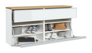 Moderner Hängeschuhschrank mit weißem Korpus und Holzoberfläche, offene Frontansicht mit Schuhen und Accessoires in den Fächern.