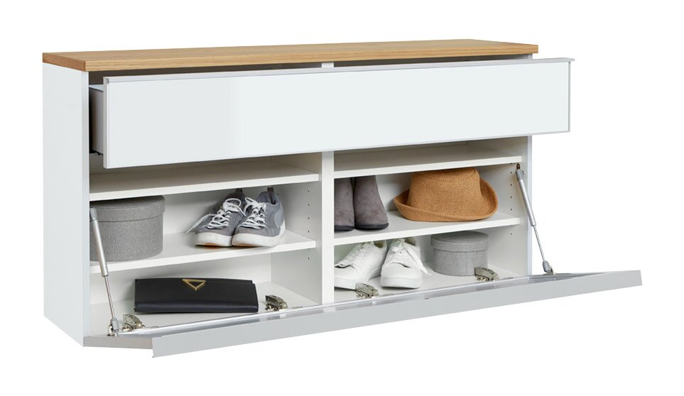 VOSS Hängeschuhschrank VORTINA Moderner Hängeschuhschrank mit weißem Korpus und Holzoberfläche, offene Frontansicht mit Schuhen und Accessoires in den Fächern.