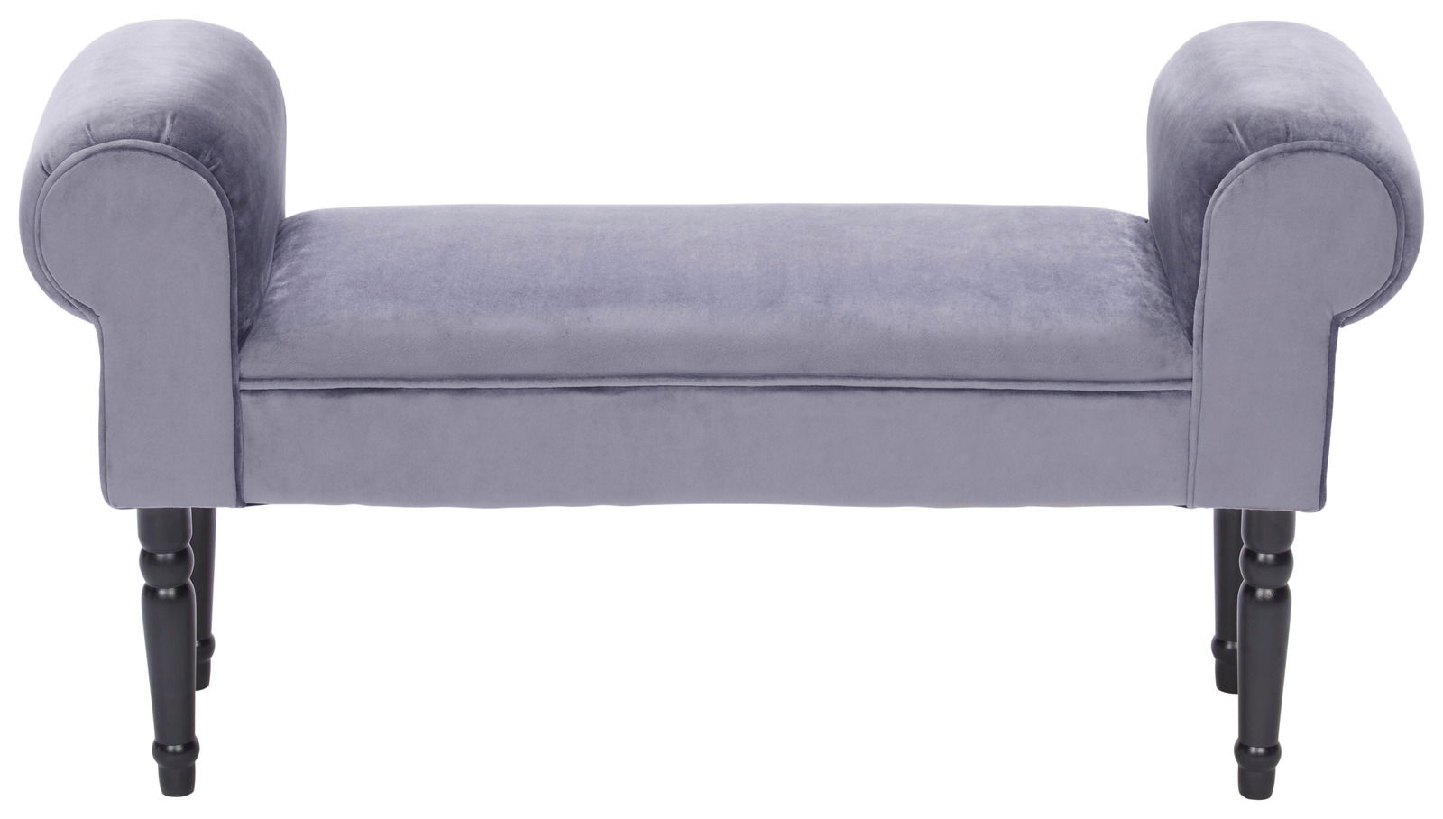 Graue Sitzbank mit gepolsterten Armlehnen und schwarzen Beinen, seitliche Perspektive