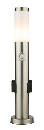 Moderne Außenleuchte aus Edelstahl mit zylindrischem Design und integriertem Bewegungsmelder, frontal abgebildet.