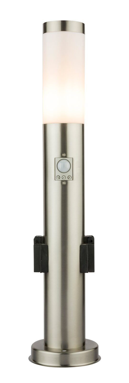 Moderne Außenleuchte aus Edelstahl mit zylindrischem Design und integriertem Bewegungsmelder, frontal abgebildet.