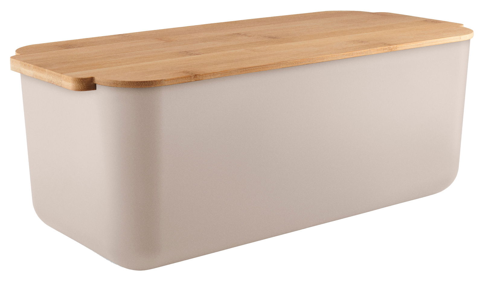 Brotkasten aus Sandfarbenem Material mit Holzdeckel, seitliche Perspektive