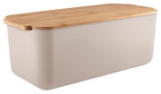 Brotkasten aus Sandfarbenem Material mit Holzdeckel, seitliche Perspektive