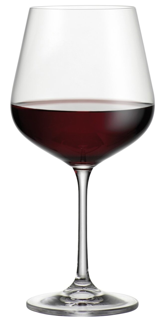 Burgunderglas 600 ml Lucca, gefüllt mit Rotwein, in Frontalansicht