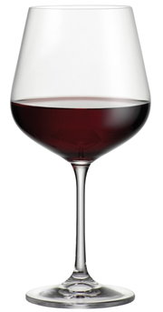 Burgunderglas 600 ml Lucca, gefüllt mit Rotwein, in Frontalansicht