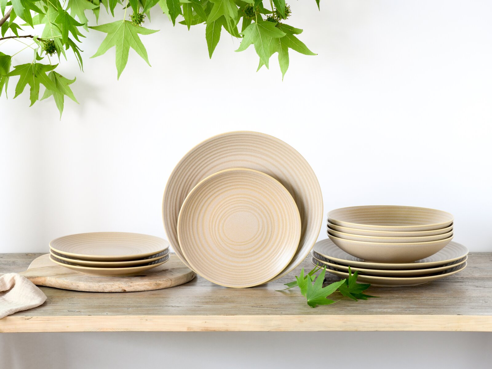 Creatable Tellerset 12-tlg LAVA STONE Beiges Keramikgeschirr-Set mit Tellern und Schalen im feinen Ringmuster auf Holzregal vor weißem Hintergrund, frontal in leichter Seitenansicht fotografiert; oben hängen grüne Blätter ins Bild.