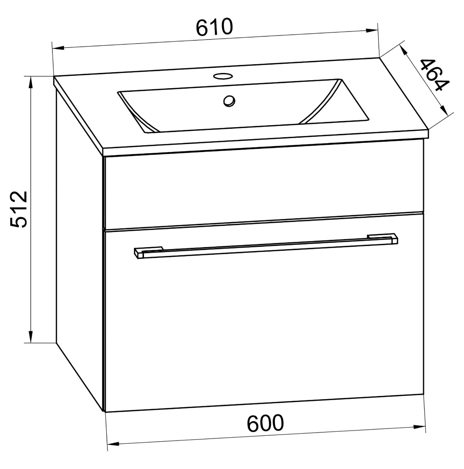 Technische Strichzeichnung eines Bad-Waschtischunterschranks mit integriertem Waschbecken, Frontansicht in leichter Perspektive von oben/vorne rechts, Maße ca. 600 mm Breite, 464 mm Tiefe und 512 mm Höhe, mit langem Griff an der Front.