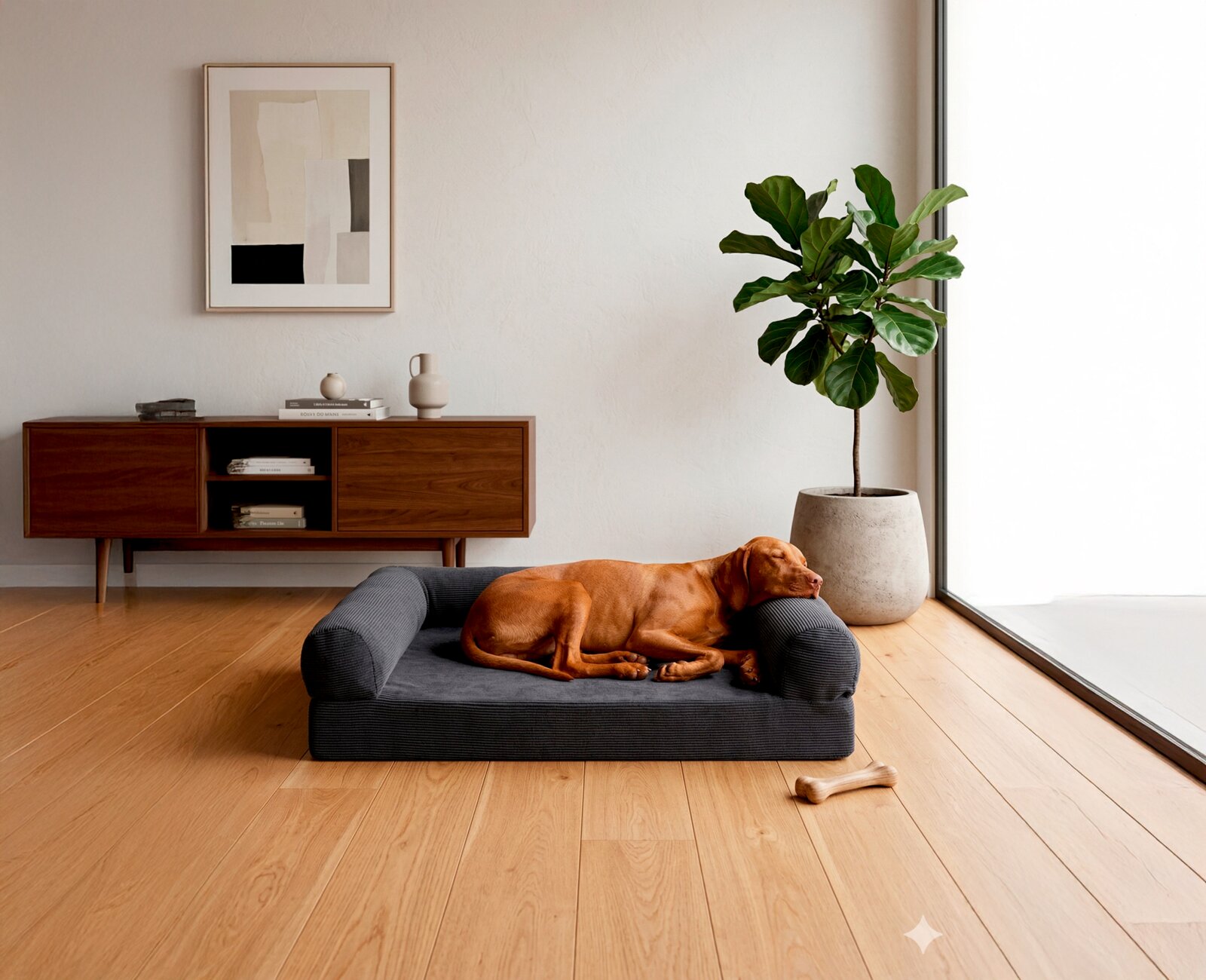 StepOne Hondenmand S CORD 76 x 51 cm Moderne woonkamer met een donkergrijs hondenbed op de voorgrond, waarop een slapende bruine hond ligt; zijaanzicht vanaf vloerniveau, op de achtergrond een houten dressoir, een ingelijste foto en een grote kamerplant bij het raam.