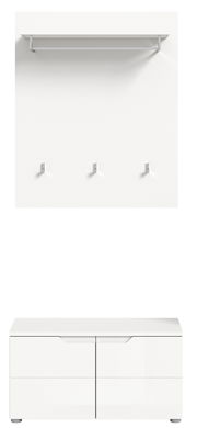 Frontale Ansicht einer weißen Garderobenkombination mit Wandregal, drei Haken und einer Kommode mit zwei Schubladen.