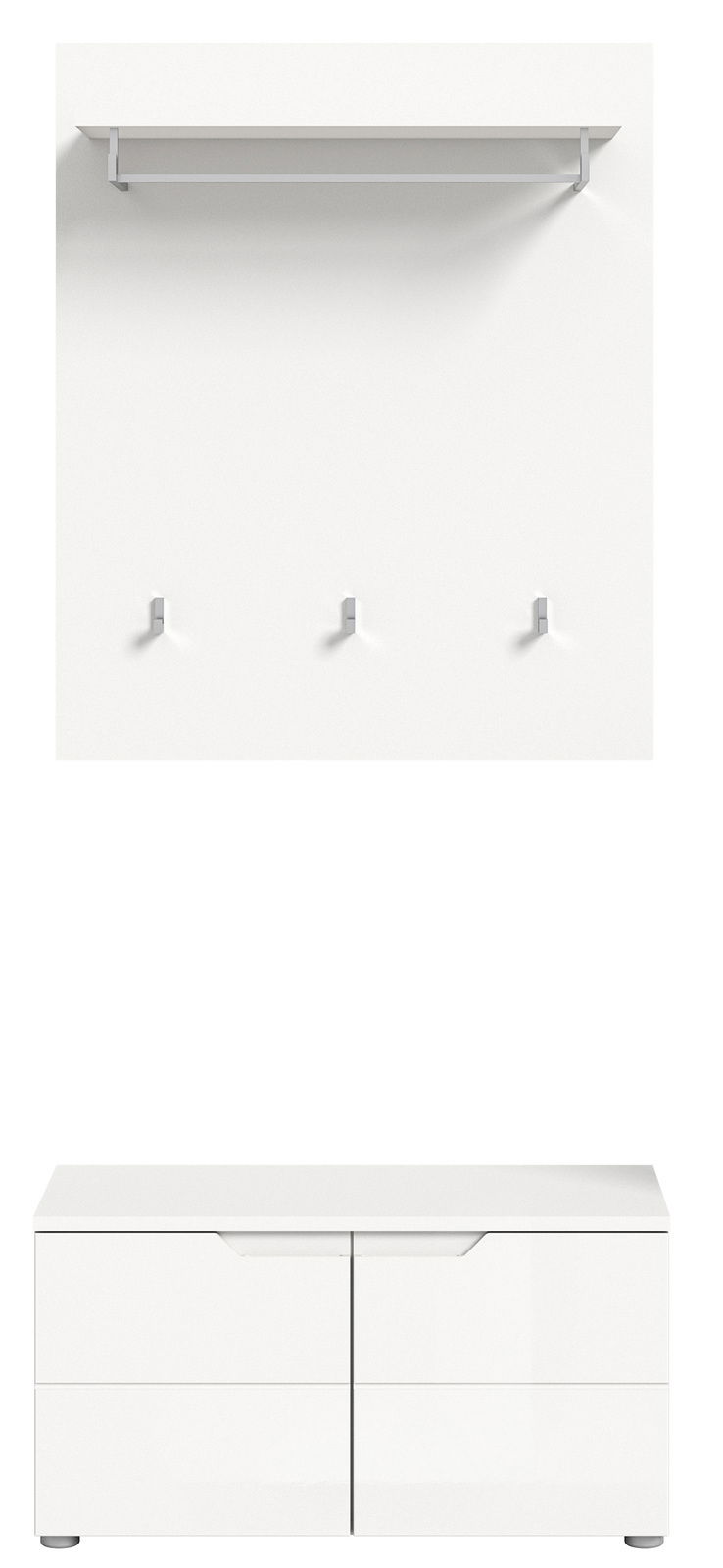 Frontale Ansicht einer weißen Garderobenkombination mit Wandregal, drei Haken und einer Kommode mit zwei Schubladen.