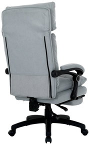 Rückansicht eines grauen Chefsessels mit gepolsterten Armlehnen und verstellbarer Rückenlehne.