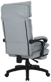 Rückansicht eines grauen Chefsessels mit gepolsterten Armlehnen und verstellbarer Rückenlehne.
