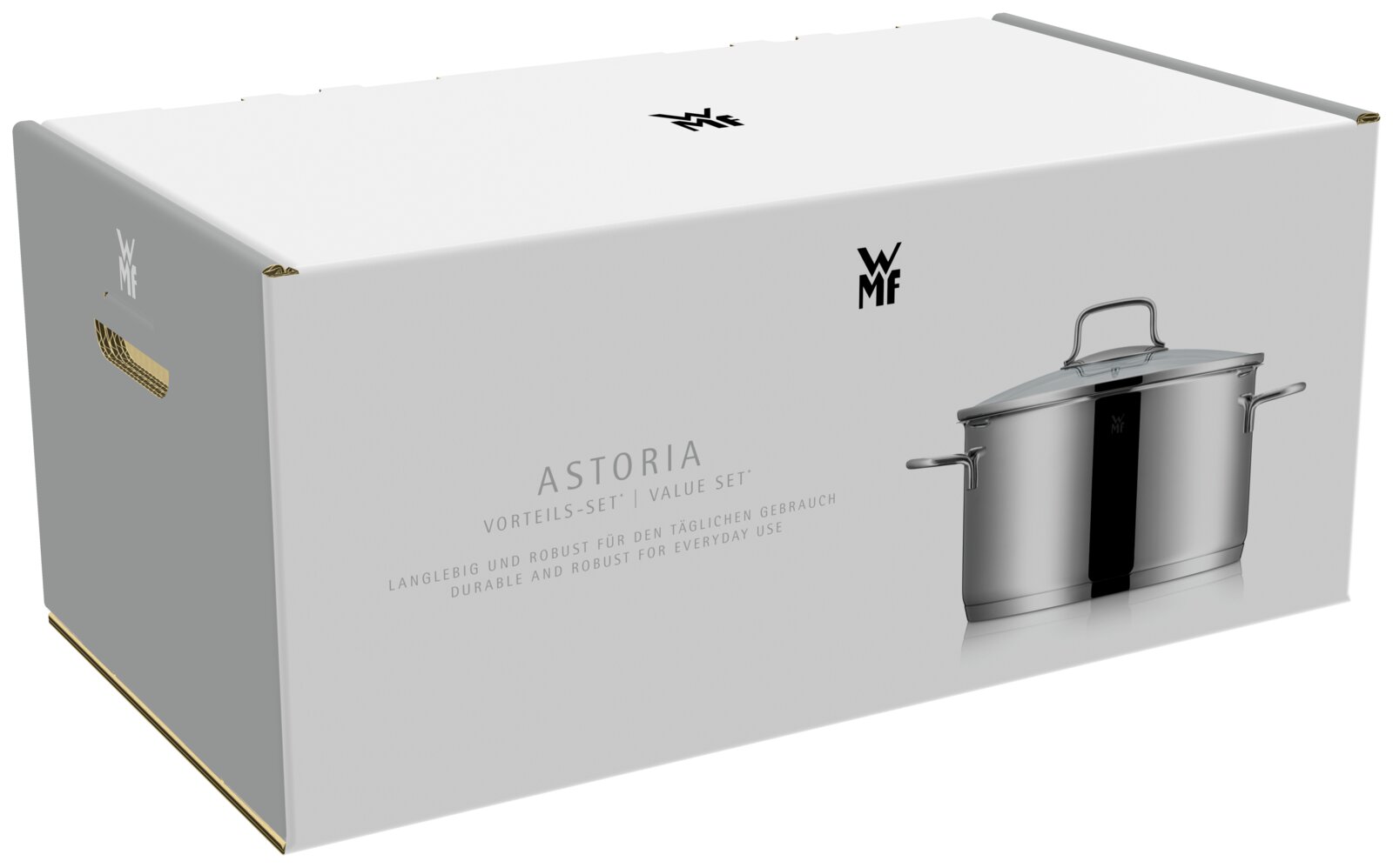 WMF Astoria Vorteils-Set Verpackungsbox in Weiß mit Abbildung eines Edelstahl-Kochtopfs, schräg von vorne links fotografiert