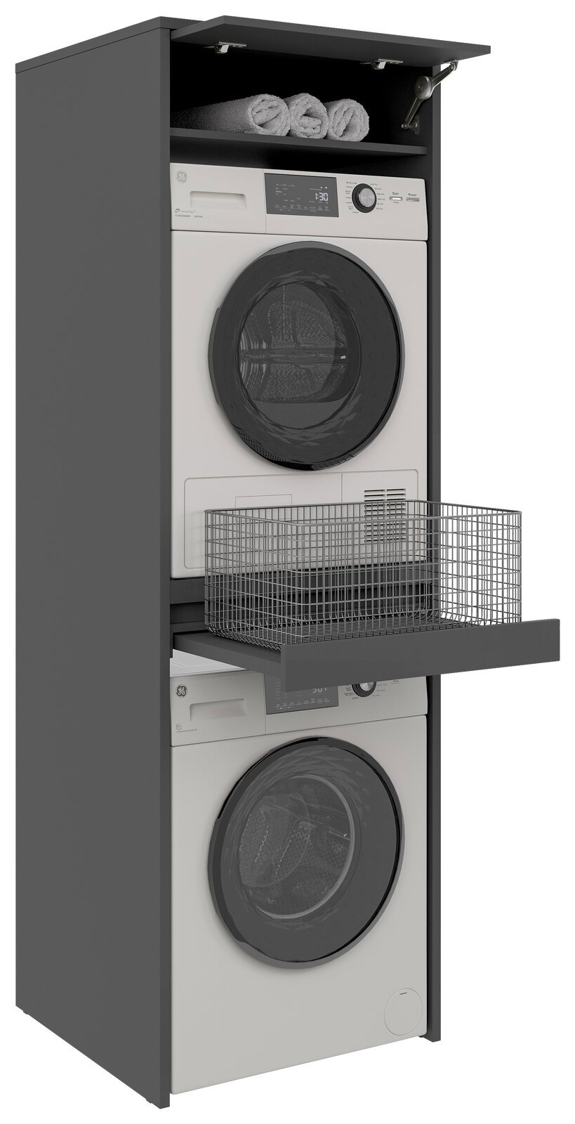 Doppel-Waschmaschinenschrank mit zwei übereinander gestapelten Waschmaschinen, einem ausziehbaren Korb und einem oberen Fach mit Handtüchern, seitliche Perspektive.