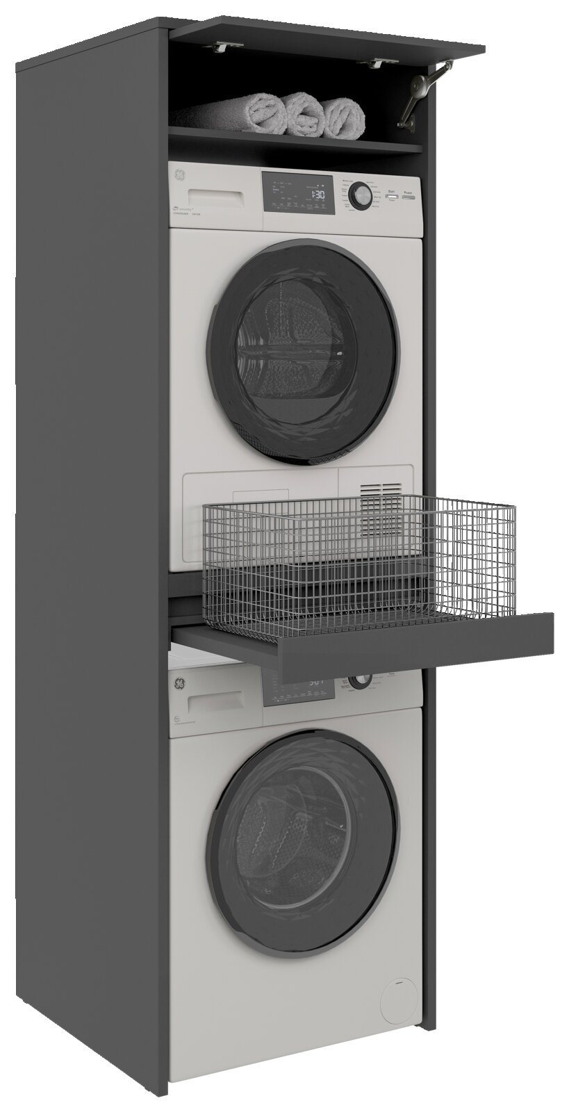Dubbele wasmachinekast met twee boven elkaar geplaatste wasmachines, een uittrekbare mand en een bovenste vak met handdoeken, gezien vanaf de zijkant.