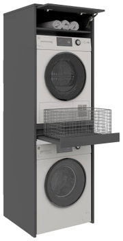 Dubbele wasmachinekast met twee boven elkaar geplaatste wasmachines, een uittrekbare mand en een bovenste vak met handdoeken, gezien vanaf de zijkant.