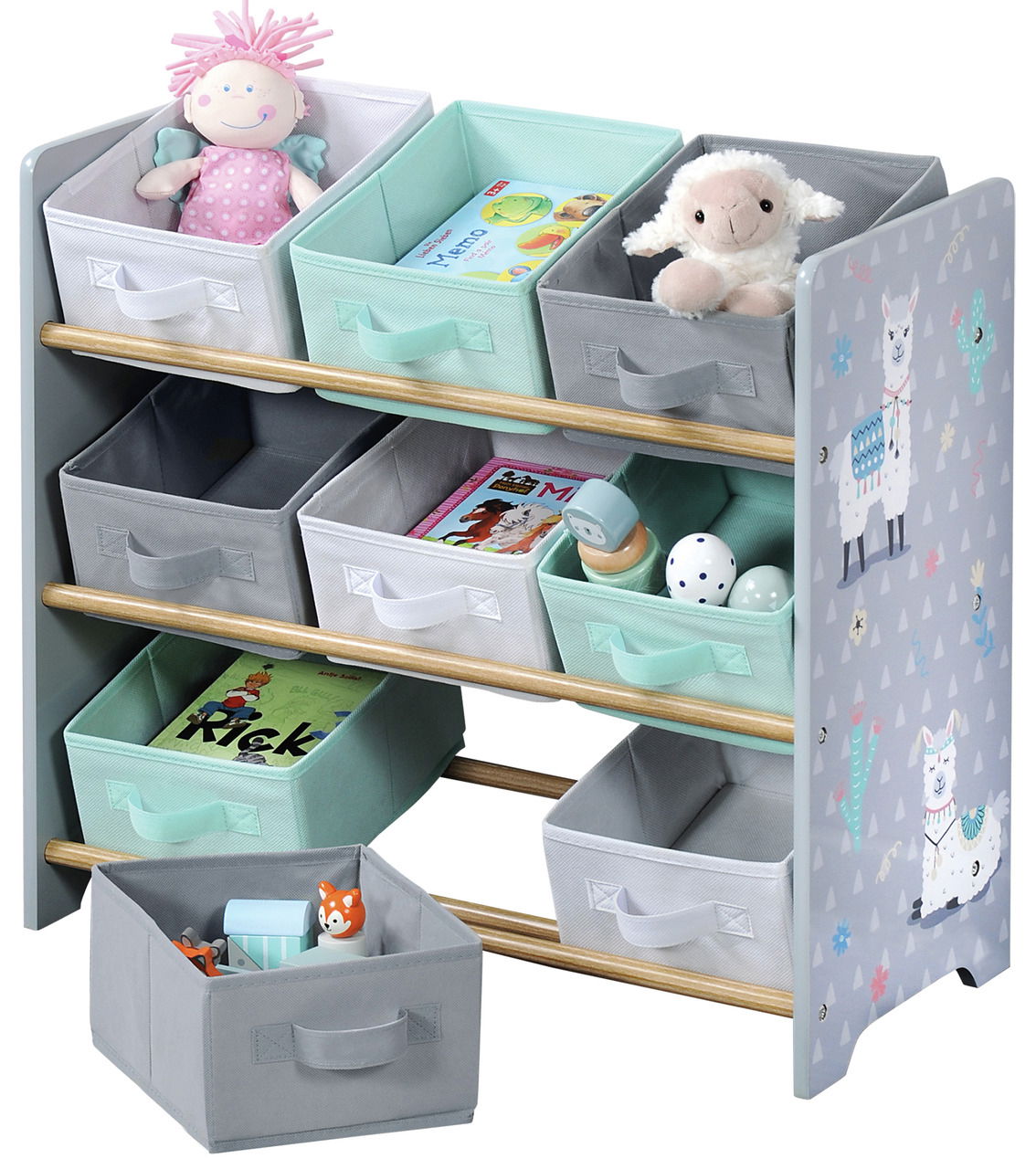 Aufbewahrungsregal Alpaka mit mehreren Stoffkörben, gefüllt mit Spielzeug und Büchern, seitliche Ansicht