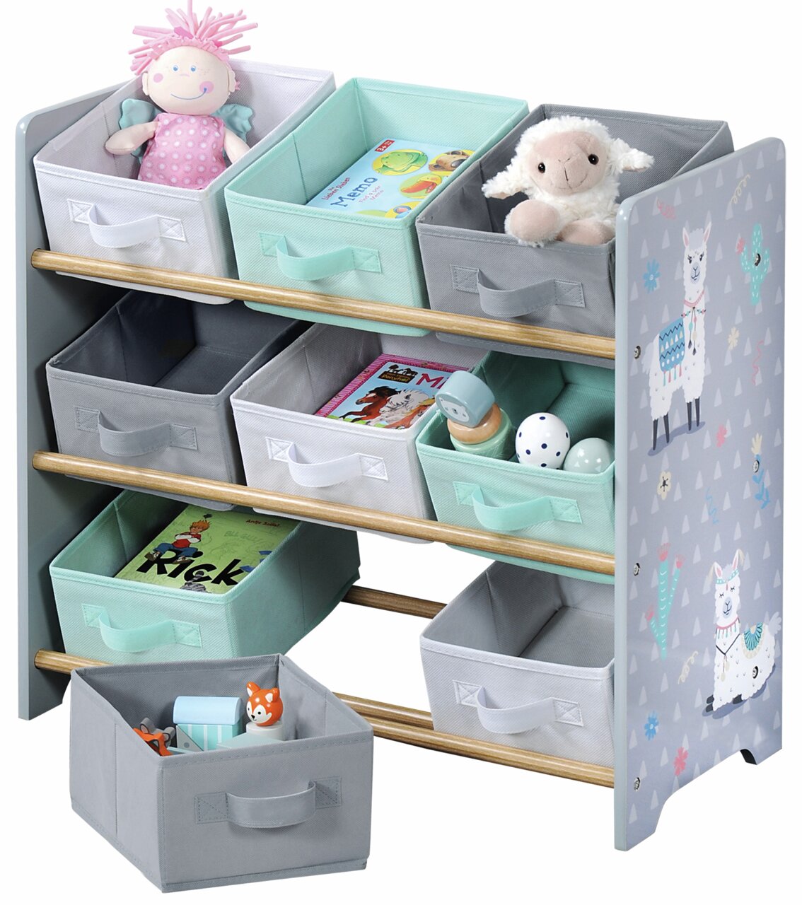 Aufbewahrungsregal Alpaka mit mehreren Stoffkörben, gefüllt mit Spielzeug und Büchern, seitliche Ansicht