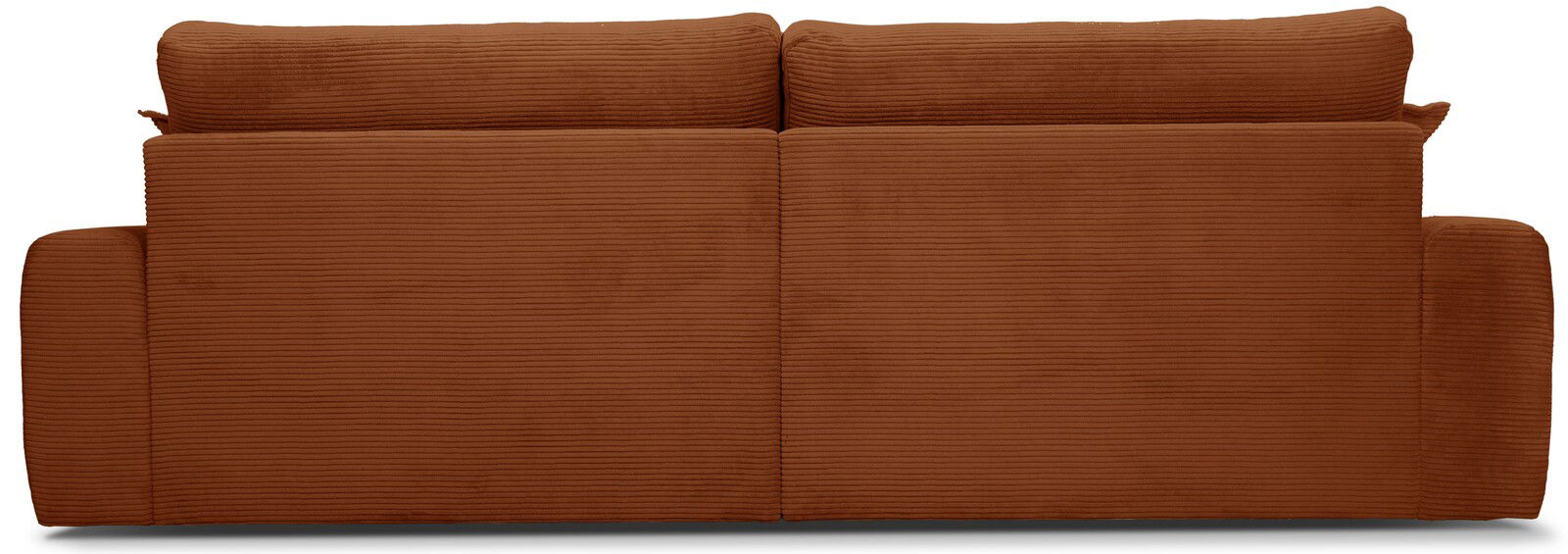 Rückansicht eines großen, braunen Sofas mit geripptem Stoffbezug.