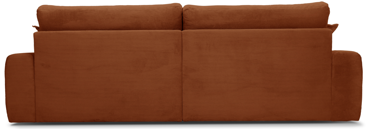 Rückansicht eines großen, braunen Sofas mit geripptem Stoffbezug.