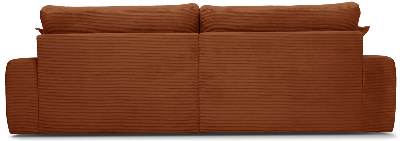 Rückansicht eines großen, braunen Sofas mit geripptem Stoffbezug.