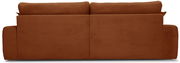 Rückansicht eines großen, braunen Sofas mit geripptem Stoffbezug.