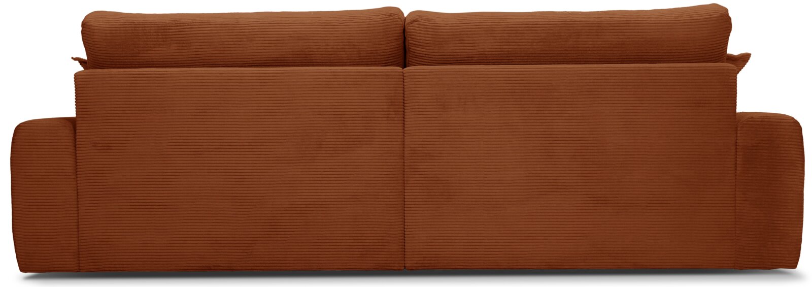 Achterkant van een grote, bruine bank met geribbelde stoffen bekleding.