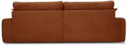 Rückansicht eines großen, braunen Sofas mit geripptem Stoffbezug.