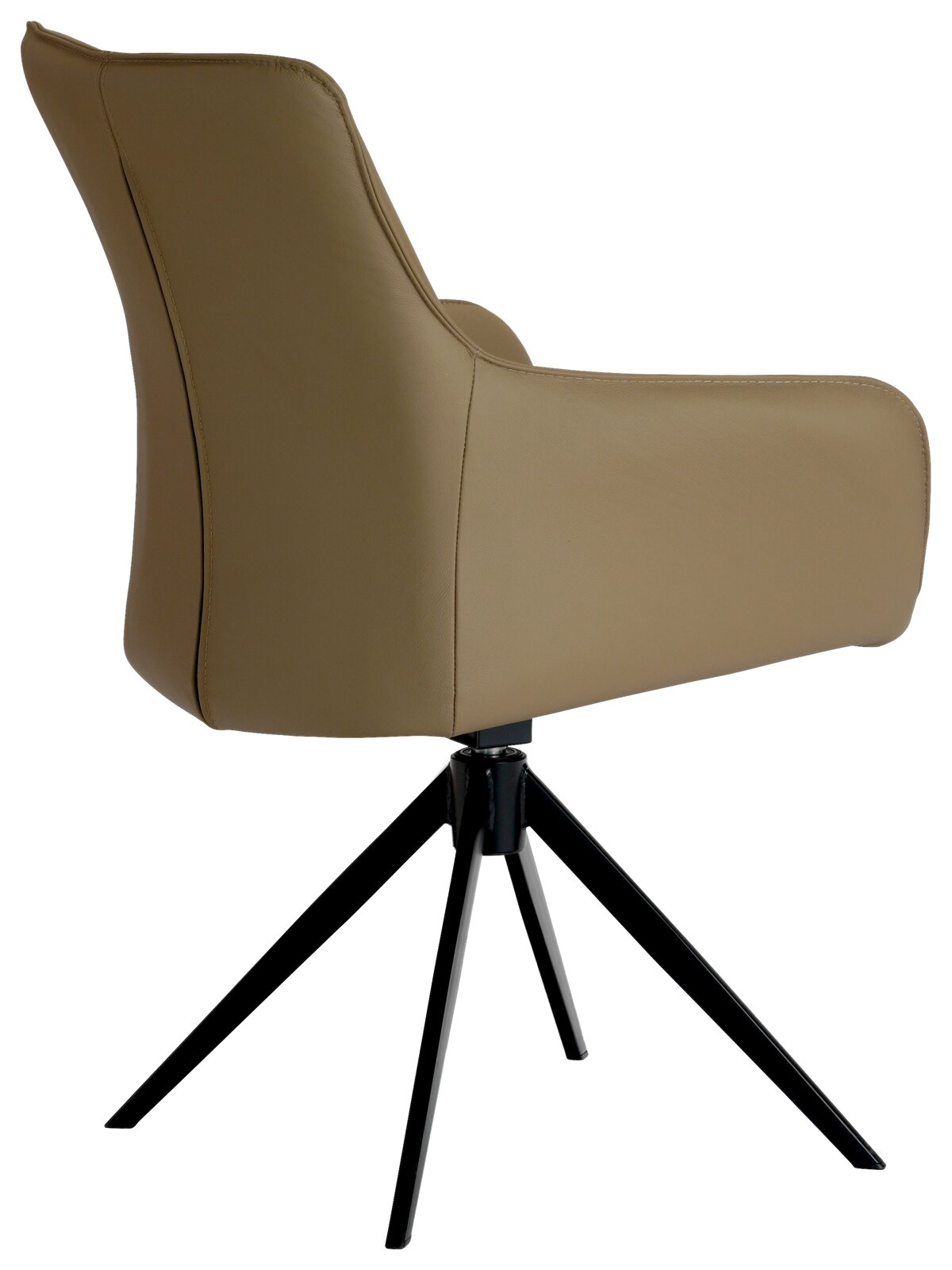 Seitenansicht eines modernen Armlehnstuhls mit beigem Bezug und schwarzen Metallbeinen.