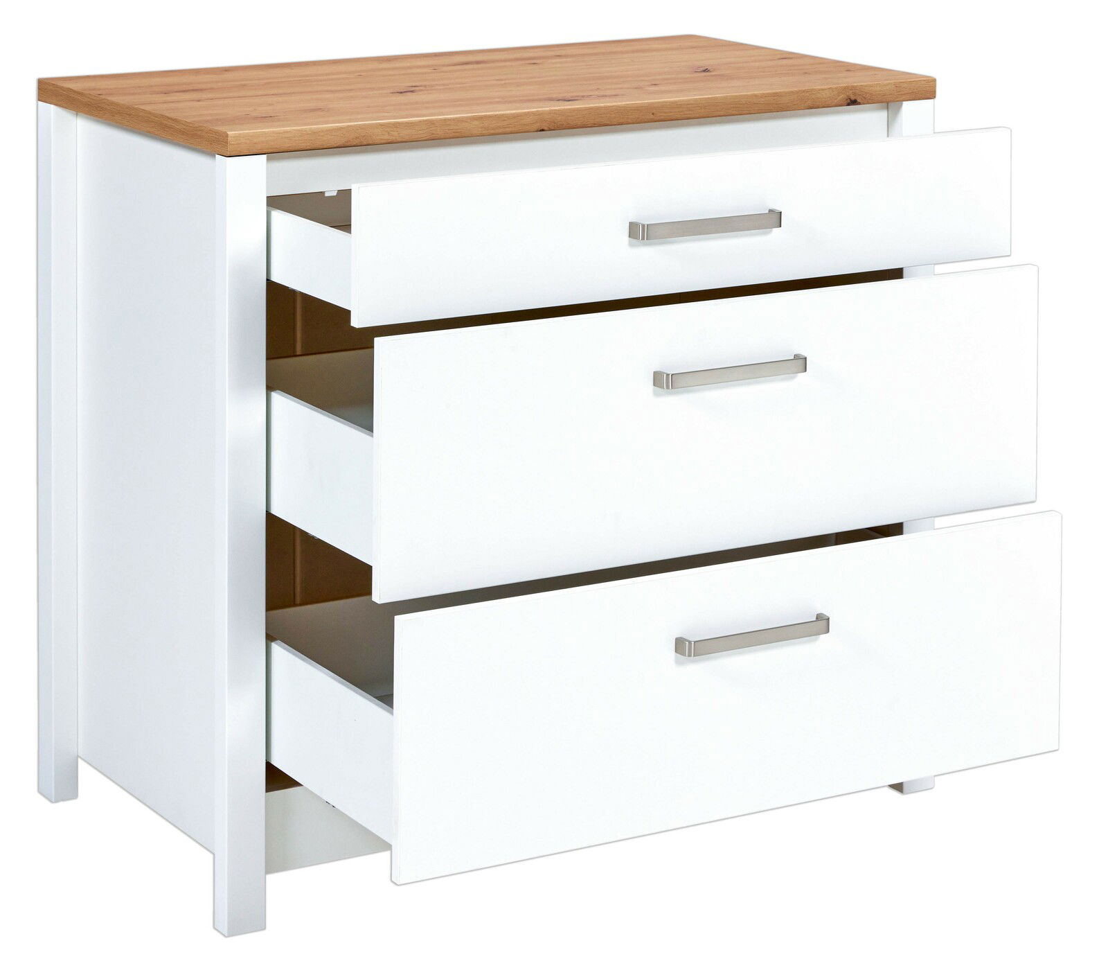 Weißer Schubkastenunterschrank mit drei offenen Schubladen und einer Holzoberfläche, seitliche Perspektive