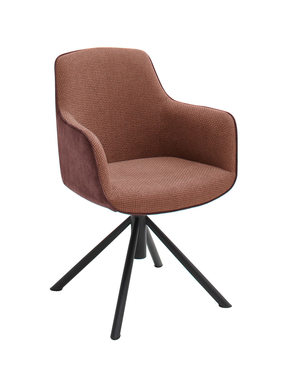 Moderner brauner Sessel mit gepolstertem Sitz und Rückenlehne, auf schwarzem Metallgestell, seitliche Perspektive