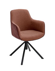 Moderner brauner Sessel mit gepolstertem Sitz und Rückenlehne, auf schwarzem Metallgestell, seitliche Perspektive