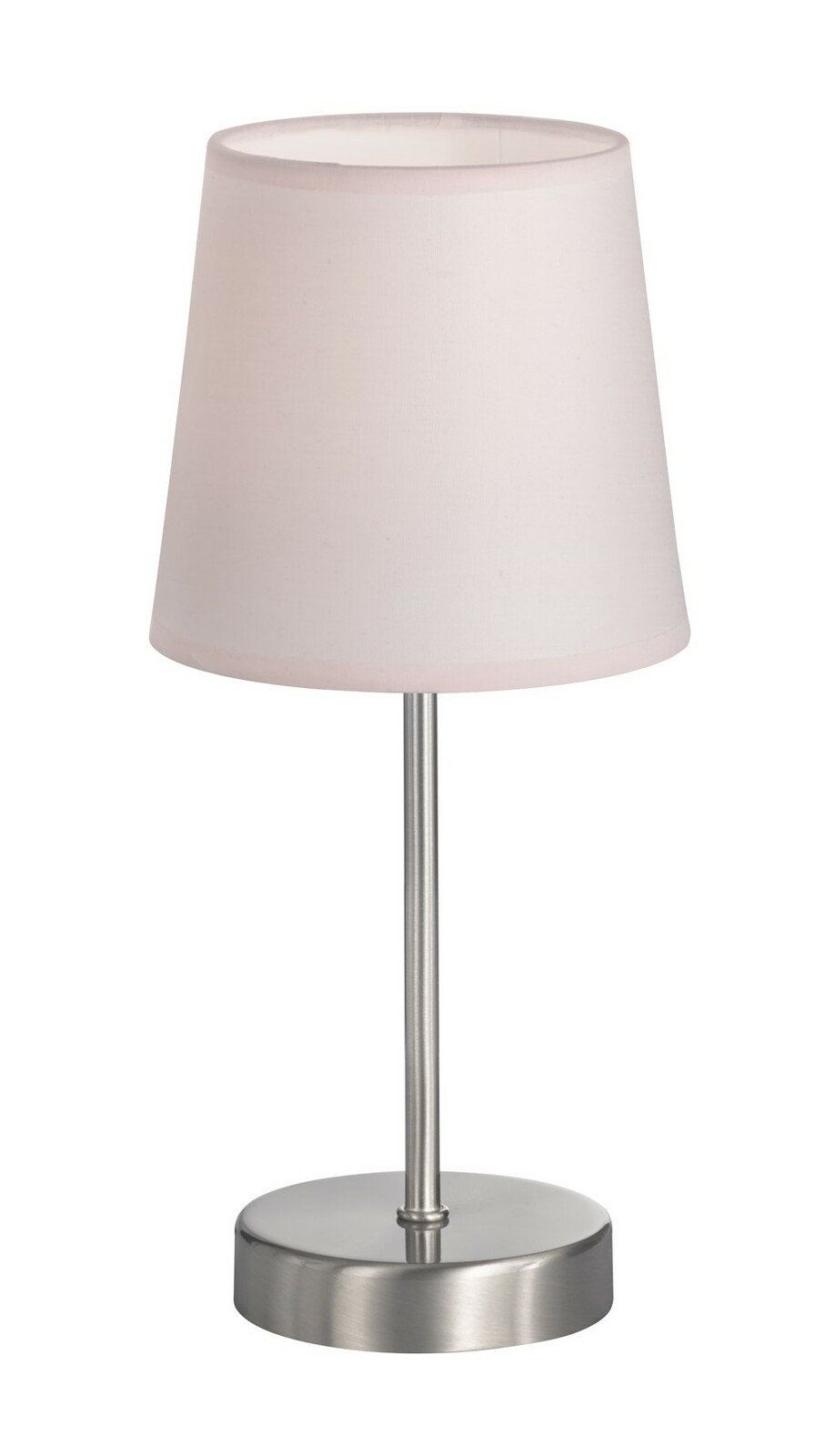 Moderne Tischleuchte mit weißem Lampenschirm und silbernem Sockel, frontal abgebildet