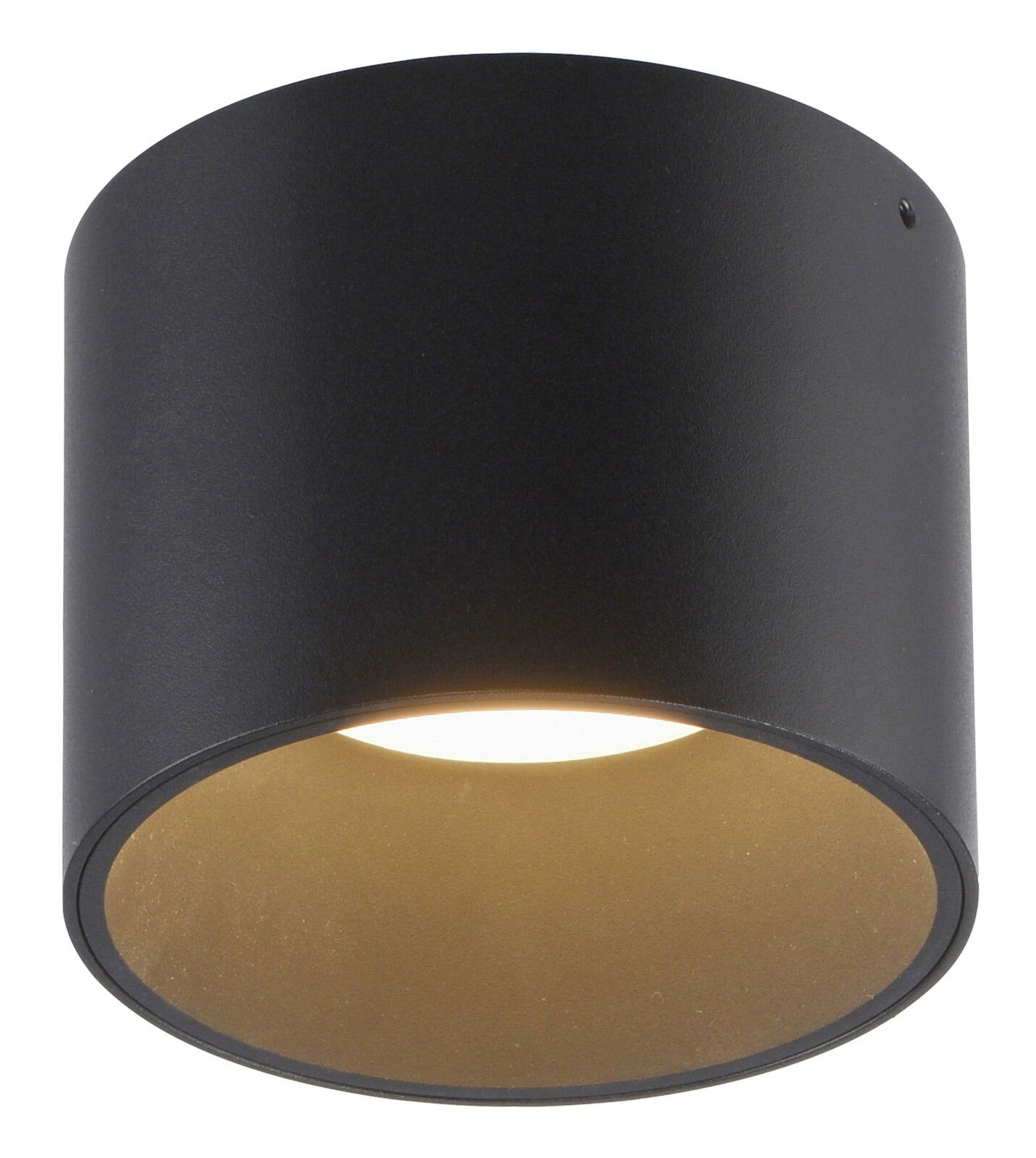 Schwarze zylindrische LED-Deckenleuchte, Ansicht von unten mit leuchtendem Licht.