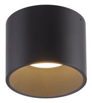 Schwarze zylindrische LED-Deckenleuchte, Ansicht von unten mit leuchtendem Licht.