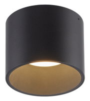 Schwarze zylindrische LED-Deckenleuchte, Ansicht von unten mit leuchtendem Licht.