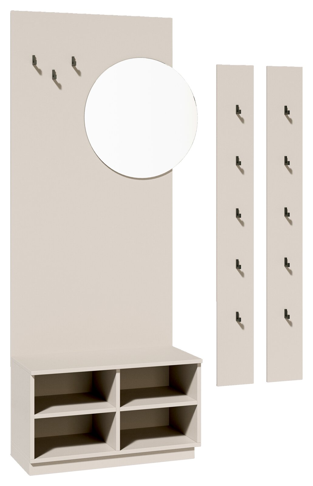 Carryhome Kompaktgarderobe SAMMY Beige Garderoben-Set mit Wandpaneel, rundem Spiegel, schwarzen Hakenleisten und Schuhregal mit vier offenen Fächern, freigestellt in Frontansicht mit leichter Perspektive