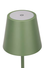 Grüne Akku-Tischleuchte mit einem runden, weißen Touch-Schalter auf der Oberseite, aus der Perspektive von oben betrachtet.