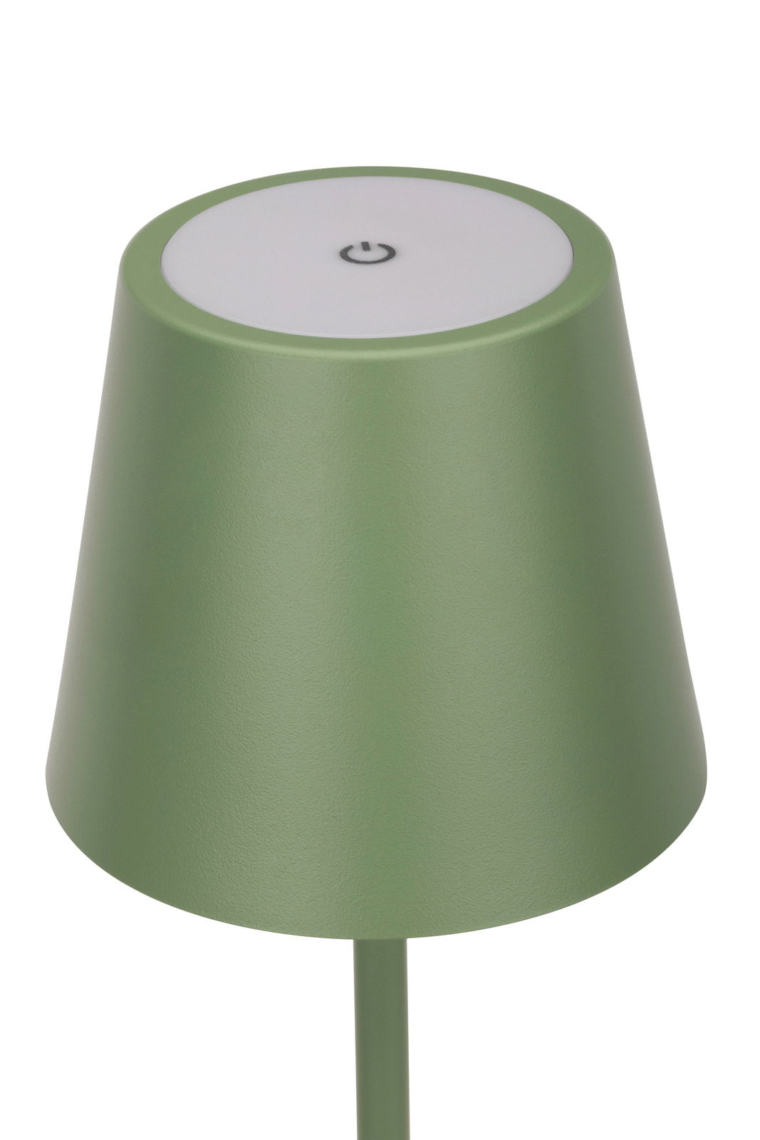 Grüne Akku-Tischleuchte mit einem runden, weißen Touch-Schalter auf der Oberseite, aus der Perspektive von oben betrachtet.