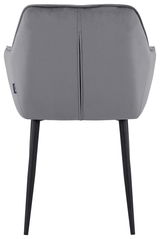 Rückansicht eines grauen Armlehnstuhls mit schwarzen Beinen